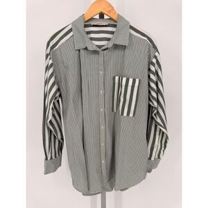 LOFT Striped Button Up Shirt Women Green White Long Sleeve Casual Size M